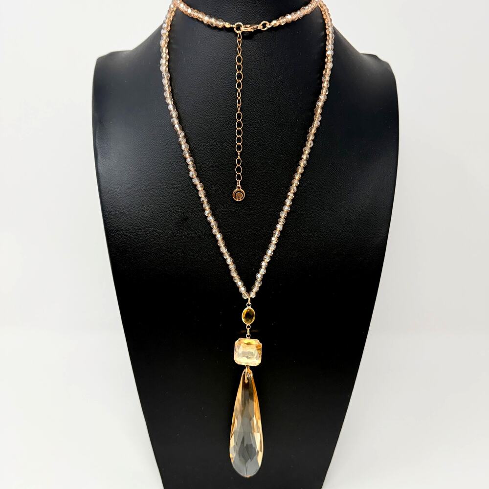 Vintage C1946 Large Pink Champagne Teardrop Crystal Pendant Beaded Necklace 28"